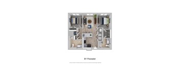 A top-down view of a B1 floor plan showing a living room, kitchen, and bedrooms.